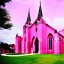 Placeholder: concept art, concept design, decor, cathedral church building with pink walls, church exterior, pink exterior, aesthetic, countryside landscabe bqckground