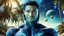 Placeholder: beautiful gorgeous young man na'vi with long hair, Avatar, blue skin, two small ears, green eyes, black hair, in cosmic suit, galactic ambiance, little pointy goatee , smiling, with spaceship and planets and palm trees and clear crystaline cosmic beach in background