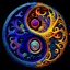 Placeholder: yin-Yang symbol, hyper detailed, photorealistic, hyper detailed, hyper defined, orange, azul, purple, yellow, DMT art