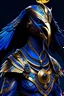 Placeholder: Create for me an image showing a statue of a fictional character that combines the features of an eagle and a human. This character resembles Anubis, the god of the dead in ancient Egyptian mythology. The statue is made of high-quality materials and craftsmanship, and shows fine details and luxurious golden decorations. The head bears the features of an eagle, with dark blue feathers. And red eyes. The feathers give the character a majestic and powerful appearance, while the eyes reflect