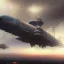 Placeholder: Steampunk scene of futuristic Victoria, fantasy airships flying over Glasgow in a cloudy sky,Giant sci-fi super-panzer in the style of John Berkey