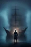 Placeholder: A ghostly ship captain standing in the middle of a lake surrounded by a ghostly blue mist.