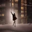 Placeholder: scared woman wearing a dress flying in the air outside a building, downtown snowy new york at night, dramatic, dramatic lighting, volumetric lighting, hyperrealism, 8k, high quality, photorealistic, lot of details