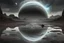 Placeholder: grey sky, planet in the sky, puddle, sci-fi, landscape, mountains, galactic cosmic influence