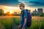 Placeholder: A detailed photo of a pretty fifteen year old boy wearing a backpack standing in a field with an abandoned city skyline in the background, shaggy blond hair, wearing short sleeves and shorts, sunset, tall grass, bright colours, baste landscape, cinematic photography, high resolution, high quality, highly detailed.