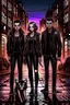 Placeholder: Punk girl and two boys with the black cat on the small town street, at night, graphic style, Margot Robbie style, highly detailed, brown hair, long legs, heavy boots, net tights, black jacket