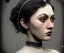 Placeholder: 1800s, witchy, pale, strong jawline, victorian, portrait, choker, black curly hair, thick eyebrows, full lips, big eyes, soft nose, victorian dress, beautiful, silver tiara, hair headdress, metal beads