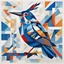 Placeholder: The image features a cuckoo bird with a tilted head and an open beak, against a white background, which is depicted in an abstract and geometric style with a minimum of elements, with elements of Neo-Cubism and Fauvism, using mainly the primary colour blue (#48B4C0) but can use other vivid colours too and bold lines. The bird is depicted using a minimum of different shapes and patterns, for example its wing is green with black dots. Transparent background