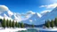 Placeholder: Mountainscape with snow, trees, river, clouds, blue sky, hi def 4k in the style of Rousseau