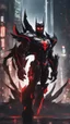Placeholder: A close picture to Mix between transformers and batman and symbiote venom in solo leveling shadow art style with red details detailsis in fantasy world