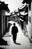 Placeholder: Black & white man walks on road's chinese village with playing light and shadow as ho fan style