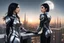 Placeholder: A slim Woman With Black shoulder length hair, Wearing a silver and black android-looking suit, standing sideways On a ledge of a building, with a moon Behind Her Head, towering spires and buildings highlighted by the setting sun
