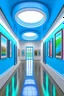 Placeholder: 3 D-shot A hall for displaying art paintings The walls are in the shape of an oval and there is an oval wall in the middle of the hall to divide the hall into two parts and the paintings are hanging on the walls and the walls are made of glass and the colors of the glass are blue and the floor is white