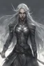 Placeholder: A female elf with skin the color of storm clouds, deep grey, stands ready for battle. Her long black hair flows behind her like a shadow, while her eyes gleam with a fierce silver light. Despite the grim set of her mouth, there's a undeniable beauty in her fierce countenance. She's been in a fight, evidenced by the ragged state of her leather armor and the red cape that's seen better days, edges frayed and torn. In her hands, she grips two swords, their blades spattered with an eerie green blood