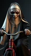 Placeholder: a front view of the Nun from the horror movie, riding a children’s tricycle, his face skin is a rusted broken metallic skin texture in a 3d rendering full-height image of a grim and dark scene. Ensure the final images exhibit the utmost quality, encompassing 4K, 8K, and 64K resolutions, with 3D rendering that manifests in photorealistic, hyperrealistic, and highly detailed representations. Employ techniques such as HDR, UHD,