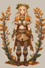 Placeholder: fullbody a girl druid wood elf with blond hair with some braids and loose hair and orange eyes. wearing cream clothes and light armour. a circlet of leaves and pinecones. and a pinecone staff