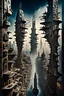 Placeholder: a stunningly weird image of a futuristic metropolis using Salvador Dali's paranoiac-critical method, where buildings and structures appear to melt into the skyline cityscape is filled with floating mad, twisted sharp metal shapes that interact with the buildings and each other, forming a surreal tableau of a dreamlike reality. neu-steampunk vibe, essence of the scene in a cinematic manner, with dramatic shadows that enhance the distorted perspectives and bizarre