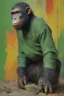 Placeholder: Roddy McDowall as Cornelius the chimpanzee from Planet of the Apes wearing a thick green cotton tunic and trousers - extremely colorful, multicolored paint splattered wall in the background, oil painting by Leonardo da Vinci