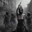 Placeholder: women, faces covered in black masks, ragged clothes, holding flag, war-torn, destroyed city in the background, 8k resolution, hyperrealistic, detailed matte painting, b&w, dynamic lighting, war, anarchy, terrorists