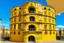Placeholder: A light yellow building with a coliseum on top of it designed in Navajo baskets painted by Pablo Picasso