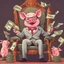 Placeholder: rich pig in suit on a throne making stacks of money by making a deal with a buisnessman. background of musicians