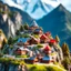 Placeholder: Miniature Himalayan village and a monastery on the top of the mountain with bokeh effect adventure.