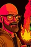 Placeholder: Firestarter animateur radio hardrock with a microphone. He has no hair. He has a thin beard. Je has glasses. He's about 50 years. Seems angry. Flames all around