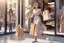 Placeholder: 3D video game character elegant young woman enthusiastically and cheerfully comes out of a fashion store, on her arms several elegant branded paper bags, in the window clothes and shoes, S<AI in sunshine