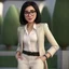 Placeholder: a portrait of smiling woman wearing ivory blazer with white shirt inside. long black hair. light skin. black eye pupils. big nose. pear face shape. wearing small white transparent rectangle eyeglasses. thick eyebrow. pixar style. 3D. 4k. portrait. highly detailed. sharp focus. high resolution. full color. cinema lighting