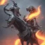 Placeholder: Skull headed warrior riding a muscular black horse with feet of fire, battle scars, still standing, rage, armor, foggy, electric currents, sword, pride, honor, scary, detailed, 4K, HD, Center line