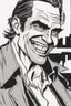 Placeholder: deranged grinning man with slicked back hair and stubble comic book style