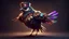 Placeholder: Creepy Dark mystical sparrow wearing circus outfit standing and flapping feathers, HD videogame character with dynamic lighting