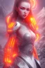 Placeholder: Beautiful futuristic girl, wearing orange glowing armor, orange eye make-up, snow mountain background, snow