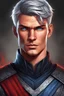 Placeholder: {{Man}}, Male, Olive Skin Tone, Short Hair, Silver Hair, Adult, Alan Ritchson/Jack Reacher, {{Blue Eyes}}, Black/red Medieval Attire, Digital Art, Graphic Novel Style