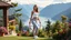 Placeholder: a picture of very beautiful lady with makeup and beautiful sports pant and top and sports shoes with hula hoop in her waist,standing in a nice villa yard with trees flowers ,in country side in floor of beautiful mountains ,sea with ships ,water falls,16 by 9