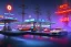 Placeholder: eine tankstelle auf einer plattform schwimmend mitten im wasser umgeben von schiffen, macro, zoom, digital part,centered, detailed, 8k, shining, heaven, dampf, cyberpunk art, neon lights, neon signs, night, stars, stadion lichter, wide angle,