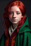 Placeholder: A pretty girl with red hair and green eyes and she is wearing a Hogwarts robe