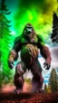 Placeholder: Scary big foot standing with multicolored smoke and large trees in the background