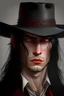 Placeholder: bloodhunter young character with pale skin and black long hair and red eyes with cleanshaven no stubble no beard and with very beautiful fedora