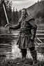 Placeholder: [Medieval] A solid man viking warrior with a weapon around a pond