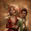 Placeholder: two elves. woman and man. Christmas scene. poster. marvel comic. low-key