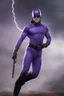 Placeholder: Kent Walker aka THE PHANTOM, Strong, athletic physique, action poses, wearing a skin-tight, formfitting purple bodysuit with a skin-tight, formfitting purple cowl, black eye disguise, black utility belt and double holstered pistol belt, black knee-high boots, glowing white eyes, battle scars, blood, foggy, cloudy background, multicolored lightning, flowing lava, Full Eclipse, aliens, explosions, bright, vibrant, extremely colorful, detailed, blood red skies