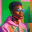 Placeholder: portrait beautiful incredibly handsome black young man, blurred green orange purple pink background, clean realistic, studio portrait, big glasses with colorful pink reflection, big eyes and lips, oil painting, expressionistic art