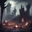 Placeholder: setting up camp in a Daedric ruin dedicated to Vaermina, Prince of Dreams and Nightmares so the night will be full of strange dreams and stranger nightmares, in magna art style