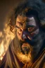 Placeholder: close up photography of a giant tall 55 year old burly angry chubby arab bearded, curly hair, long beard, manly chest, traditional robe, bulge, angry eyes , photorealistic, ambientmidnight, lit by bonfire, ambient occlusion, occlusion, side light , sitting in the desert