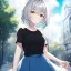 Placeholder: Clear focus, High resolution, light grey short hair, dark green eyes, wearing a black t-shirt and blue skirt, fluffy hair