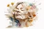 Placeholder: white background, double exposure, old torn paper, watercolor, splashes, blots, woman 50 years old, blonde flower, closed eyes, fine drawing, high resolution, double exposure, 8K