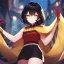 Placeholder: Clear focus,High resolution, Black short fluffy hair, and yellow eyes, wearing a black short skirt, sleeveless crop top, wearing long dark red gloves, yellow cloak
