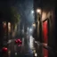 Placeholder: yalda night A dark alley iranian yalda night, hidden shadows, a street light, puddle of rain,