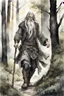 Placeholder: ink wash and watercolor illustration of an ancient grizzled, gnarled elf vagabond wanderer, long, grey hair streaked with black, highly detailed facial features, sharp cheekbones. His eyes are black. He wears weathered roughspun Celtic clothes, emaciated and tall, with pale skin, full body , thigh high leather boots within a forest of massive ancient oak trees in the comic book style of Bill Sienkiewicz and Jean Giraud Moebius , realistic dramatic natural lighting